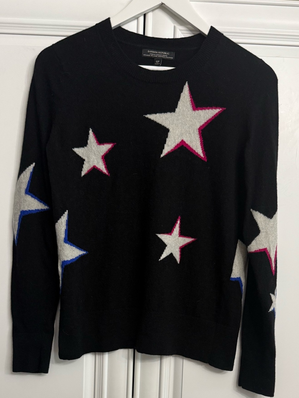 Banana Republic Black Star-Pattern Crewneck Sweater Merino Wool Blend Size Small